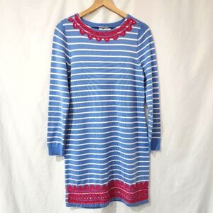 Vineyard Vines Women's Sweater Dress Size L Blue Stripe Pink Merino Wool Preppy‎